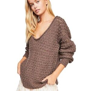 Free People Crashing Waves Pullover Sweater Oversized Open Knit Brown Small